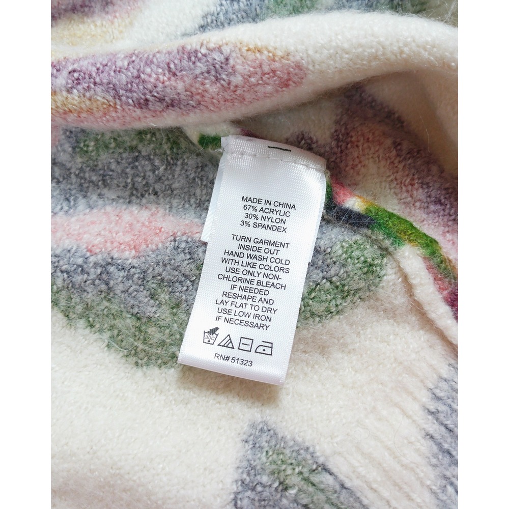 CeCe Floral Intarsia Sweater Womens Medium Ivory Pink Fuzzy Knit Botanical Print - Picture 9 of 10